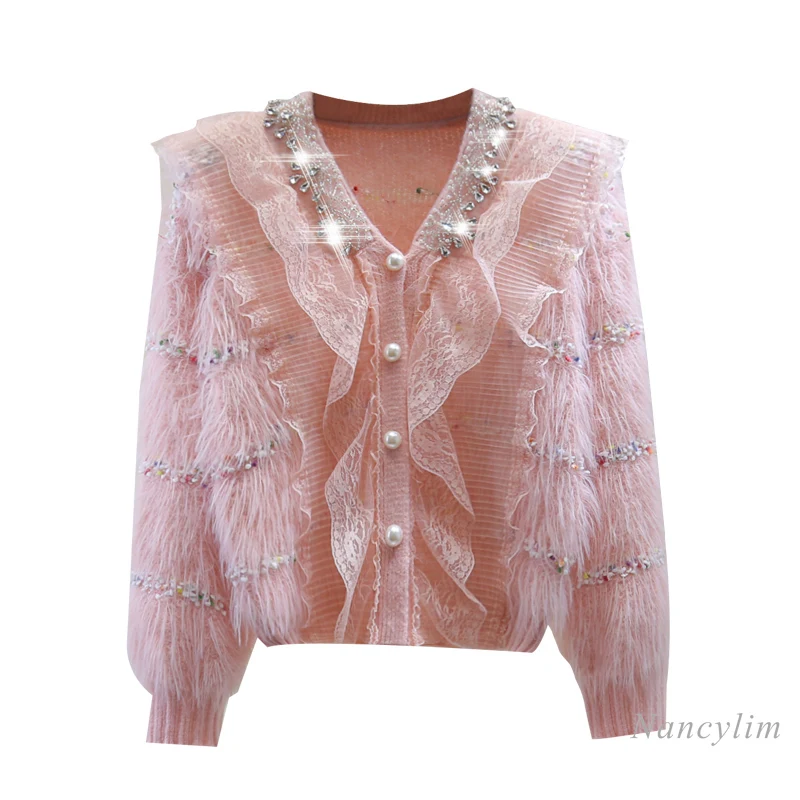 Diamond Beaded Ruffled V-neck Long Sleeve Mohair Cardigan Women's High Waist Short Lace Stitching Floral Striped Sweater Coat