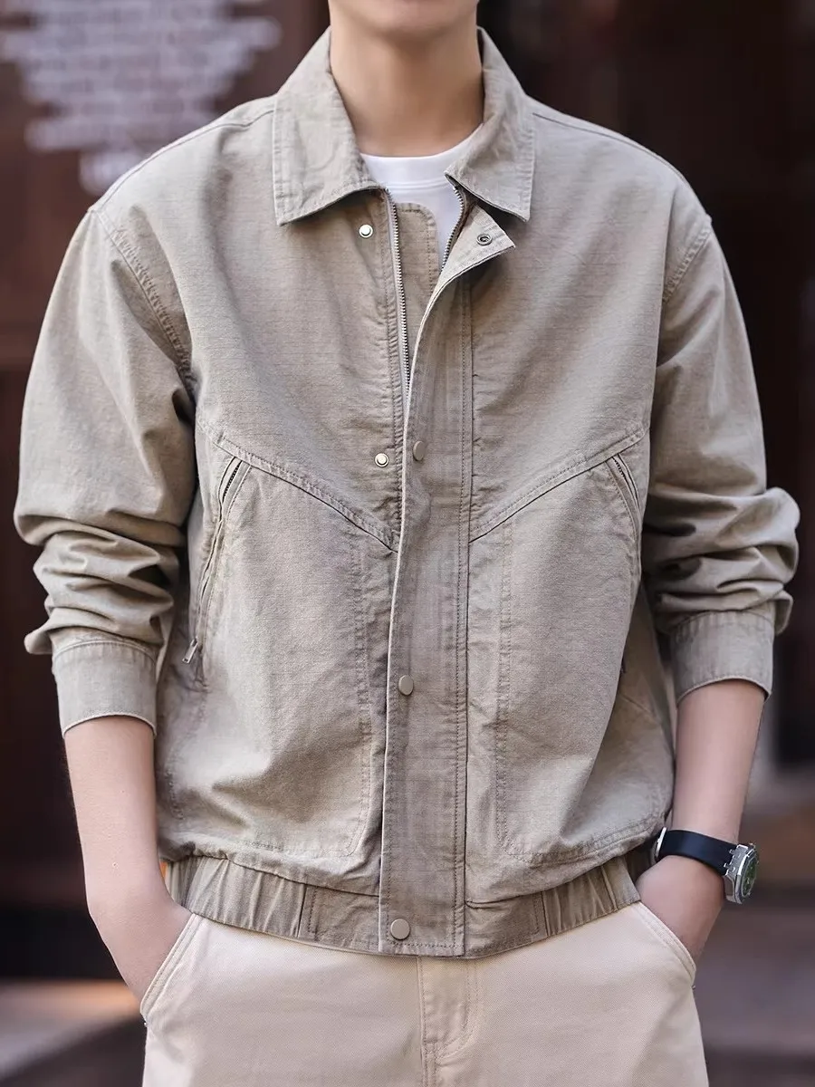 

Retro American Waed Motorcycle Jaet Men's Spring Autumn Loose Pure Cotton Khaki Canvas Outerwear Youth Casual Sle