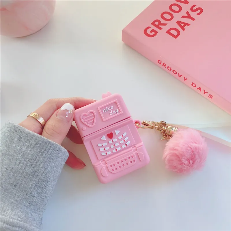 3D Cute Pink Retro Mobile Phone Design Brand Silicone Earphone Case for Apple AirPods 1/2/pro/3rd Bluetooth Headset Cover Coque