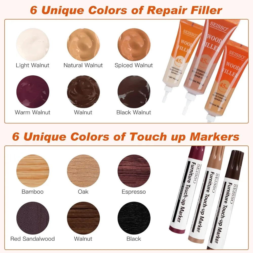 Kit de reparo de móveis de madeira SEISSO, atualizam enchimentos de madeira com marcadores de retoque e cera polonesa para sofás, creme de restauração