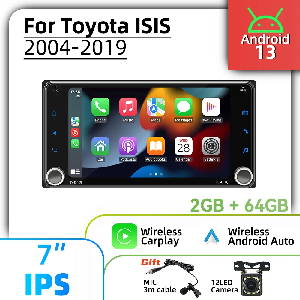 

7-дюймовый экран, стерео, автомобильный мультимедийный для Toyota ISIS 2004-2019, беспроводной Carplay, авторадио, 2Din, Android-радио, головное устройство, GPS-навигация