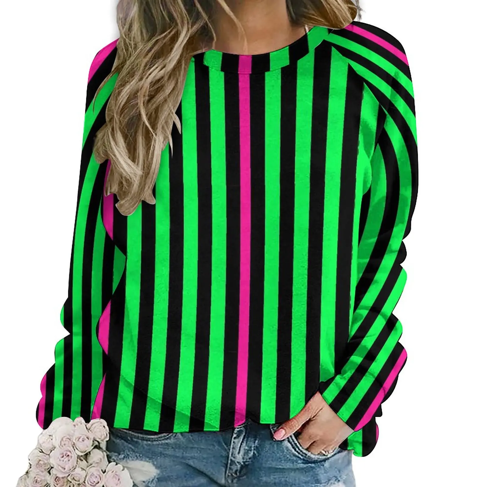 Colorblock Casual Hoodies Neon Green Stripes Kawaii Graphic Hoodie Autumn Long Sleeve Hip Hop Oversize Sweatshirts Birthday Gift