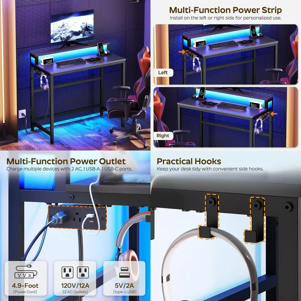 

Компьютерный стол с LED-подсветкой, 2-уровневый, с зарядной станцией и подставкой для монитора, для домашнего офиса и гостиной