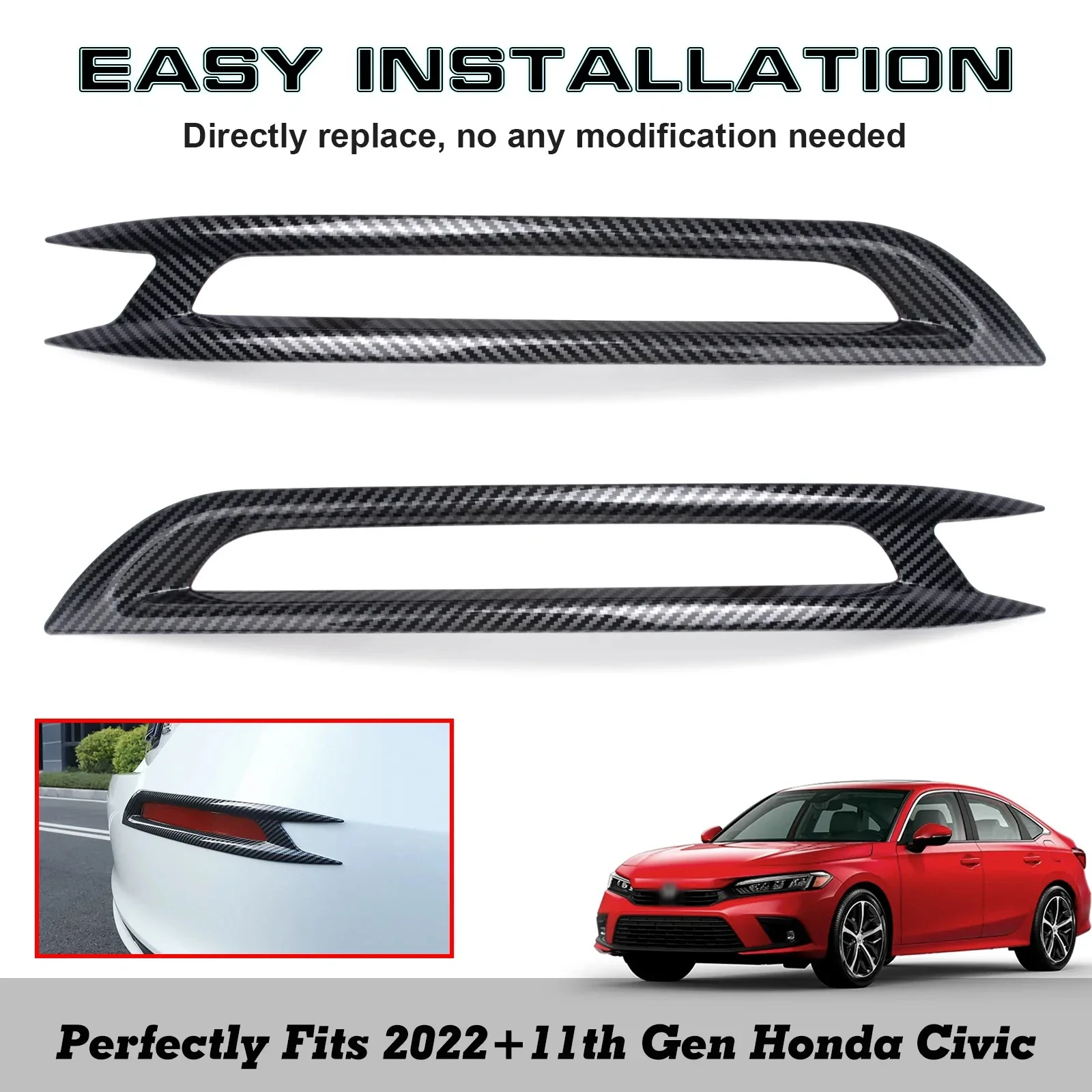 2pcs Carbon Fiber Pattern Left Right Rear Fog Light Cover Bumper Reflector Molding Trim For Honda Civic 11th Gen 2022 2023 2024