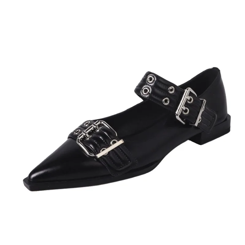 New British-style Belt-buckle Pointed-toe Flat Single-toe Women's Shoes with A Shallow Opening for Spring/Summer 2026，35-40