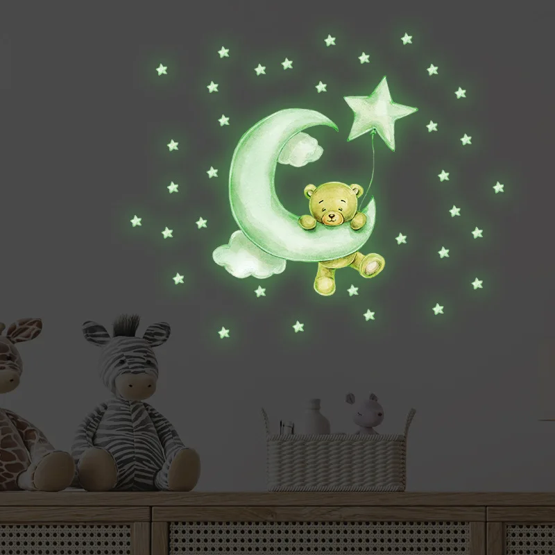 Cute Luminous Wall Stickers Teddy Bear on the Moon Stars Glow in the Dark Wall Decals for Kids Room Baby Nursery Home Decor