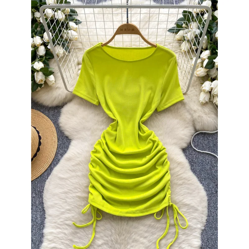 Vrouwen 2025 chique zomer trekkoord bodycon mini korte jurk casual party geplooide schede ruches stretch nachtclub t-shirt jurk
