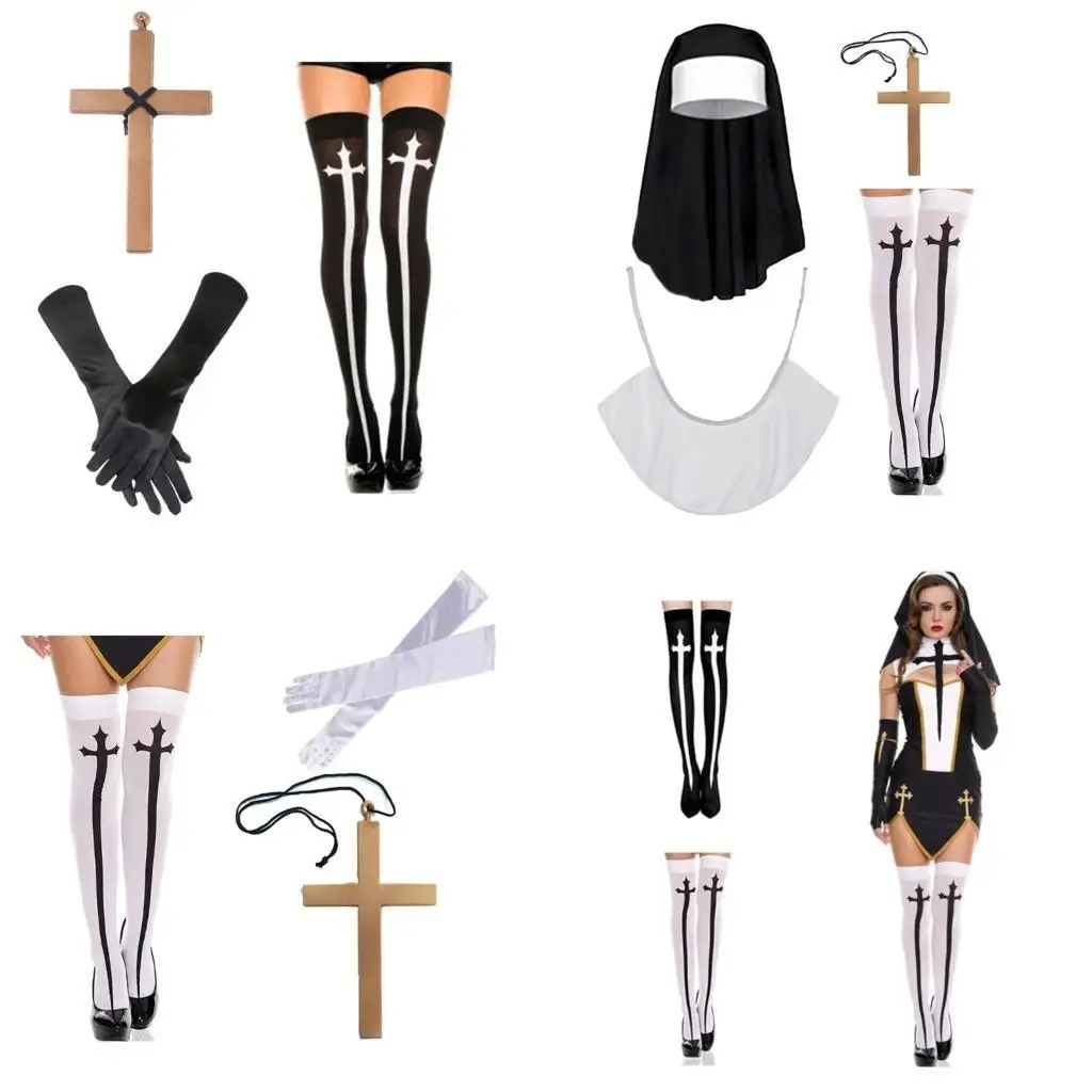 

R1WE NUN COSTUME SET, Шляпа монахиня, воротник монахиня, поперечное ожерелье, высокие носки бедра для хэллоуина косплей