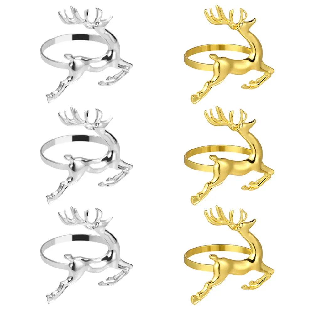 

6pcs Napkin Rings Christmas Alloy Deer Shaped Table Decor Holiday Gift Wedding Party Serviette Buckle Metal Napkin Holders Xmas