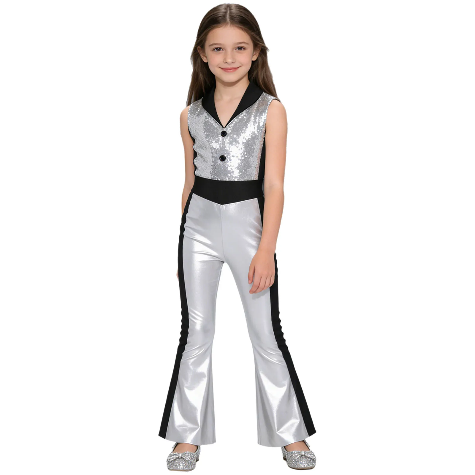 Kids Girls Lapel Sequined Bell Bottom Jazz Dance Party Costume 70s Disco Outfit Flared Jumpsuit Metallic Shiny Rompers Bodysuit view 3
