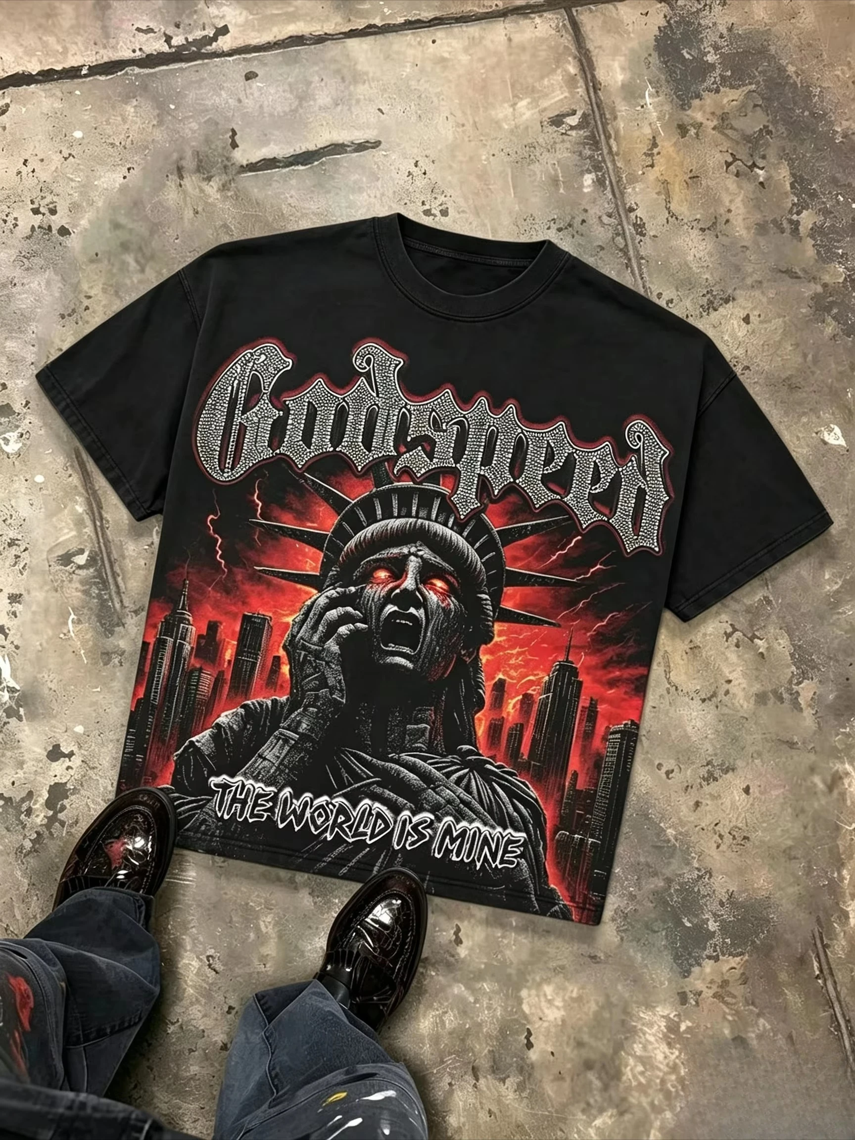 2026 Summer Fashion Godspeed The World Is Mine Apocalyptic Liberty Distressed Oversized Graphic Tee Men's Short Sleeve