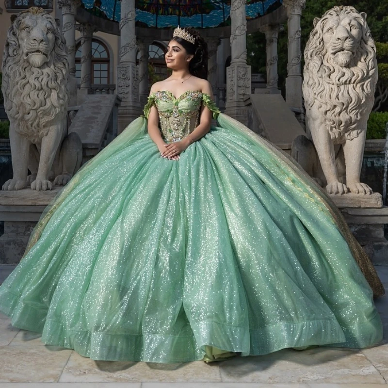 

Sage Green Shiny Ball Gown Quinceanera Dresses With Cape Birthday Party Lace Beads Tull Vestidos De 15 Años Sweet 16 Dress