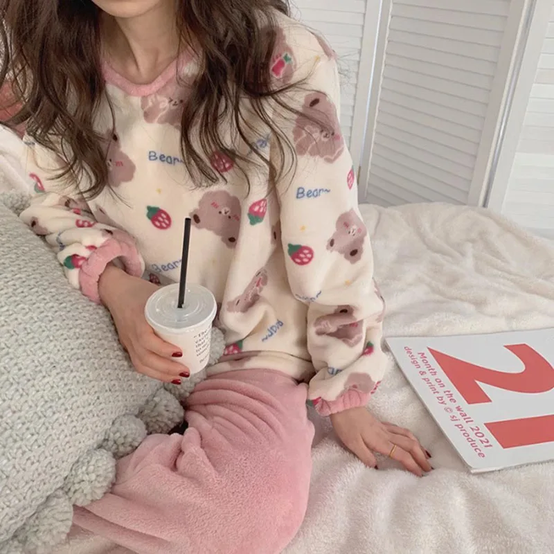 Winter Pajamas Round Neck Long Sleeve Cartoon Bear Warm Sleepwear for Winter Thickened Big Size Pajamas Coral Fleece Two-Piece