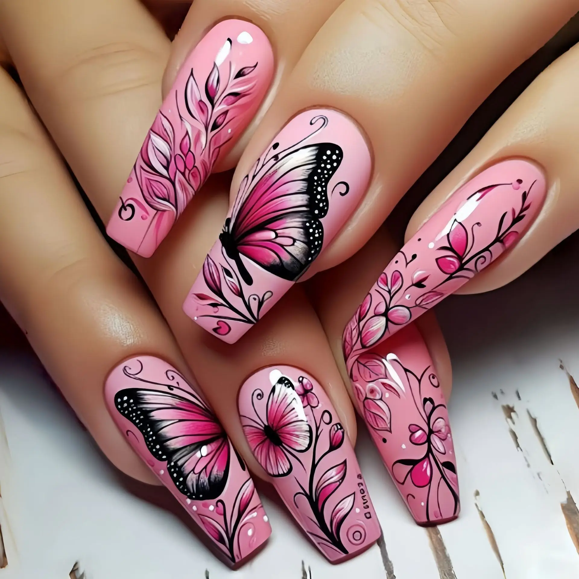 24 pièces/ensemble faux ongles mi-longs dégradé bleu océan poisson soleil fleurs papillon carré ballet été conseils presse sur faux ongles