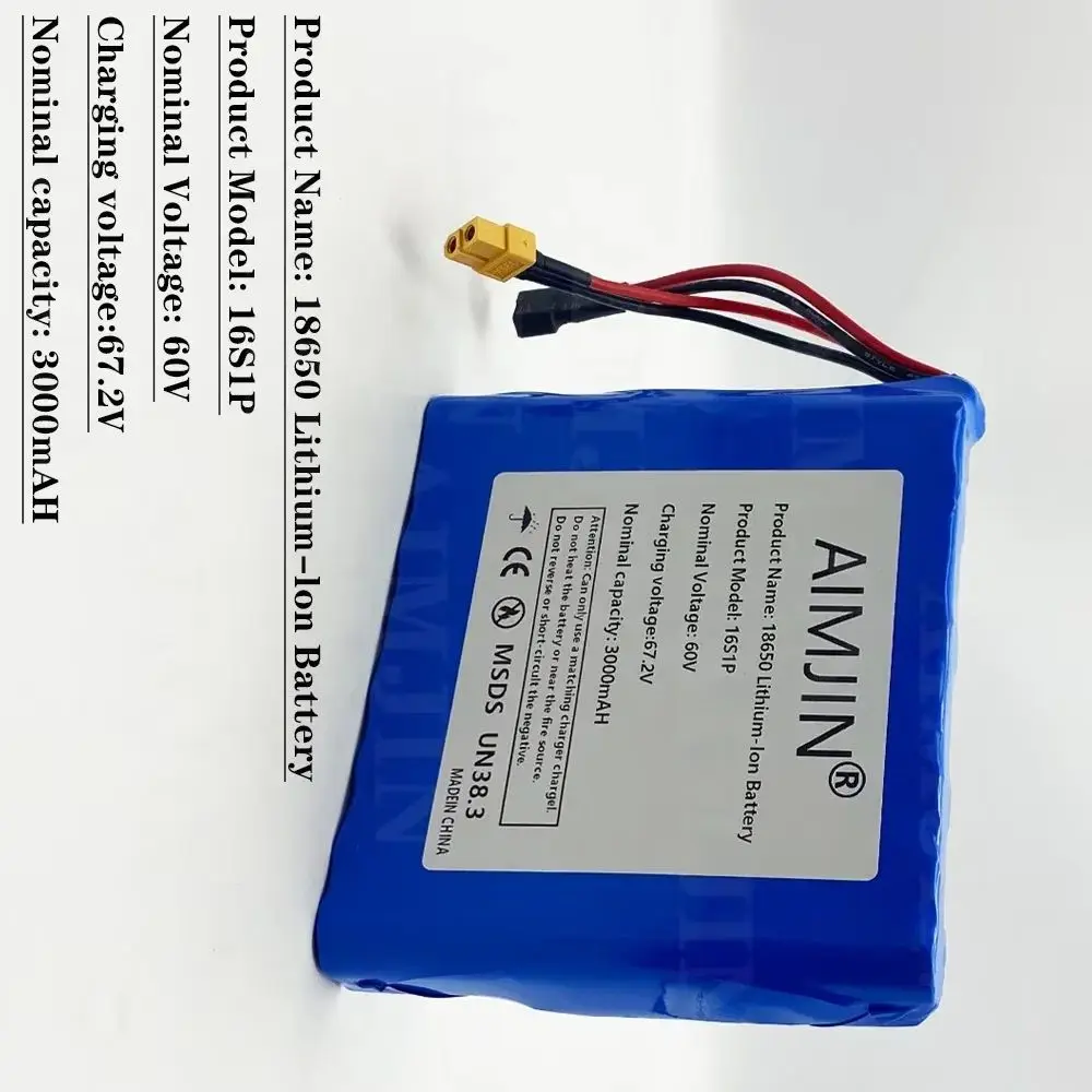 

16S1P 60V 3000mah 132wh 3Ah 174Wh 18650 li-ion battery pack built-in BMS for Electric wheelbarrow Unicycles skateboard