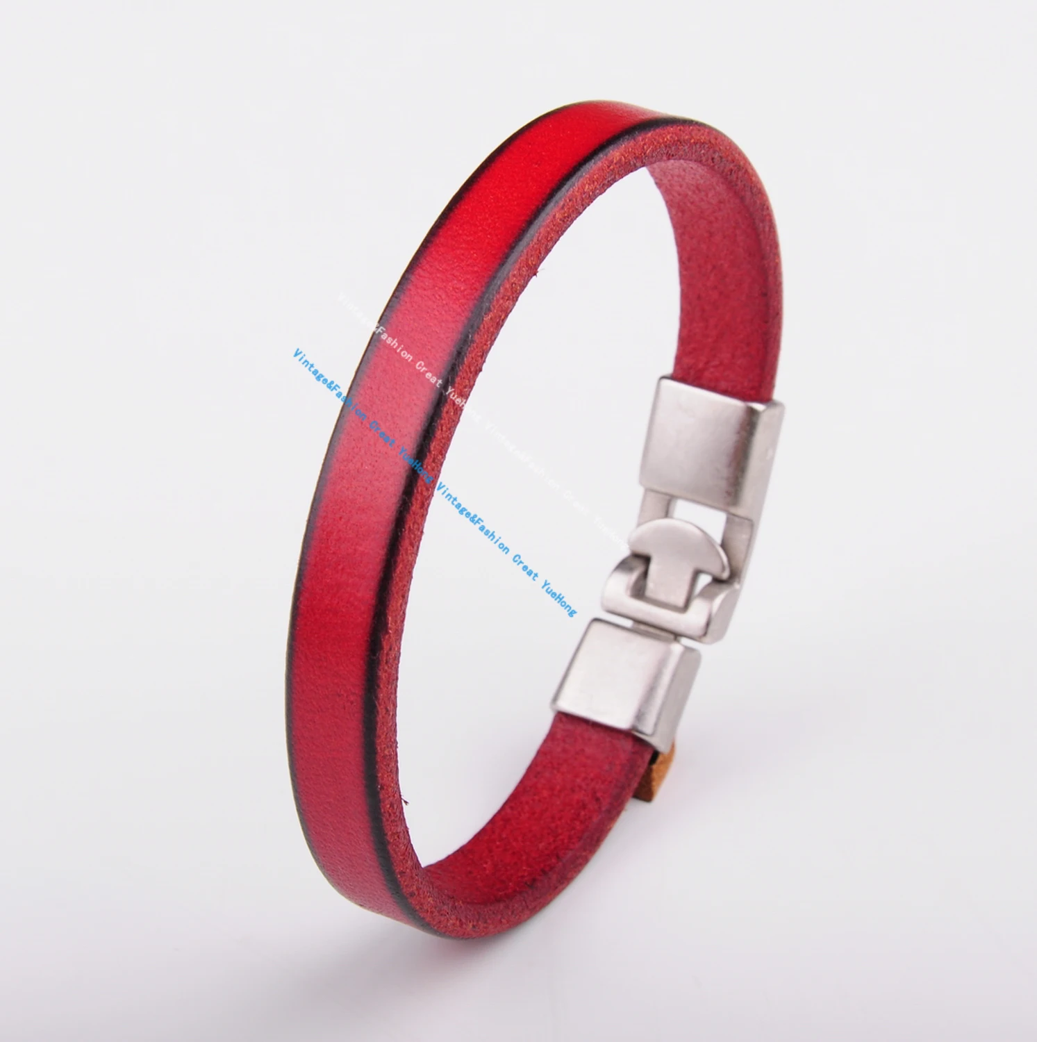 BL11 Red New Mens Single Wrap Slim Plain Leather Cuff Bracelet Wristband