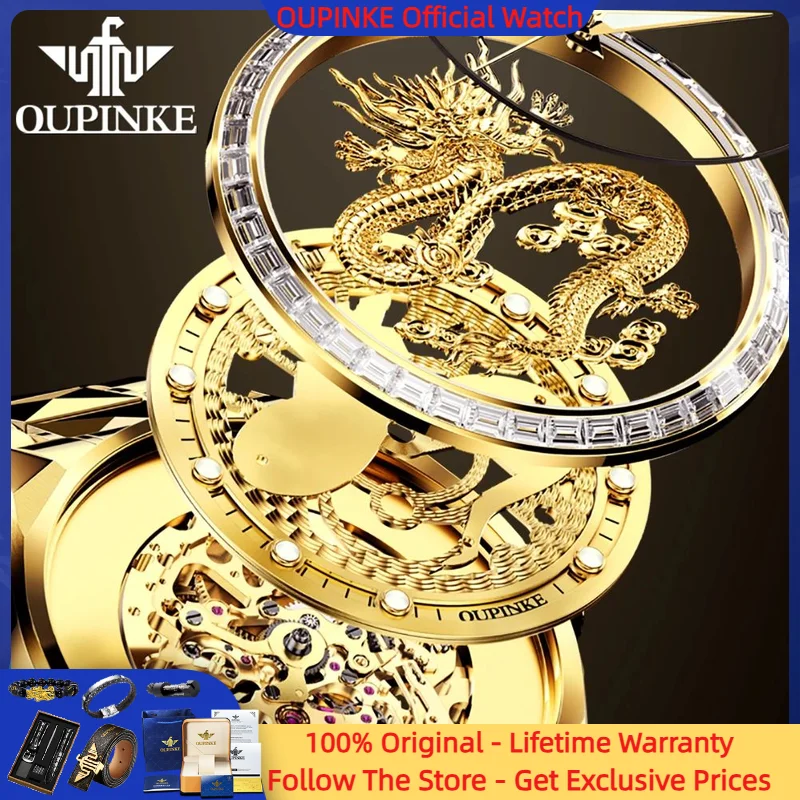 

OUPINKE 3276 Luxury Imported Movement Men Watch Full Golden Dragon Dial Diamond Inlaid 3D Tungsten Steel Waterproof Men Watch