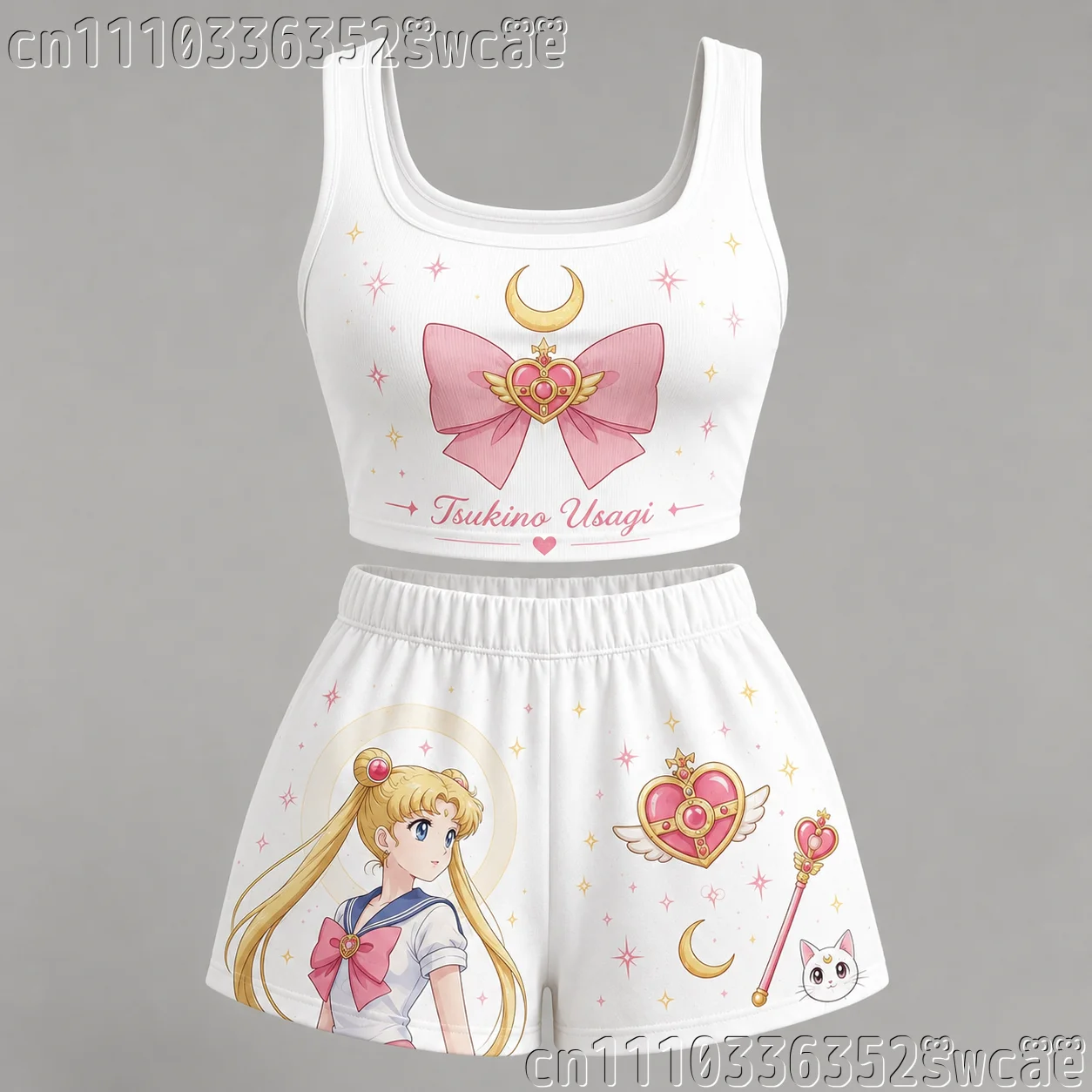 Sailor Moon Anime 2 Piece Outfit Women Crop Tank Top and Shorts Set Unisex Casual Streetwear Cartoon Tracksuit  FamilyMatching