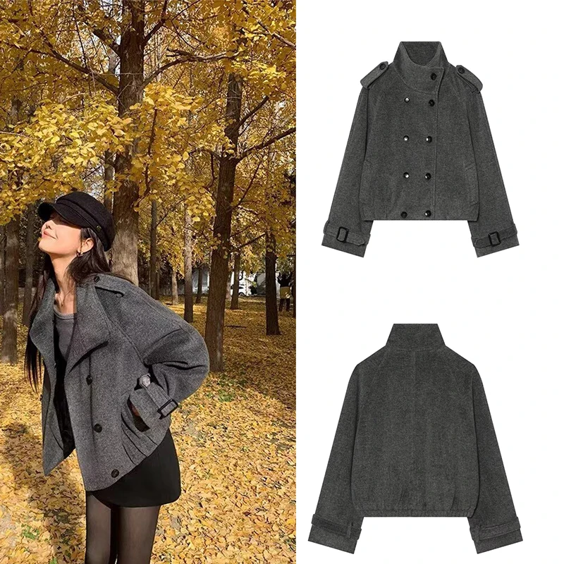 Guobioziy 2026 Autumn Stand Collar Short Coat French Vintage Style Button Front Decoration Shoulder Strap Detail Relaxed Popular