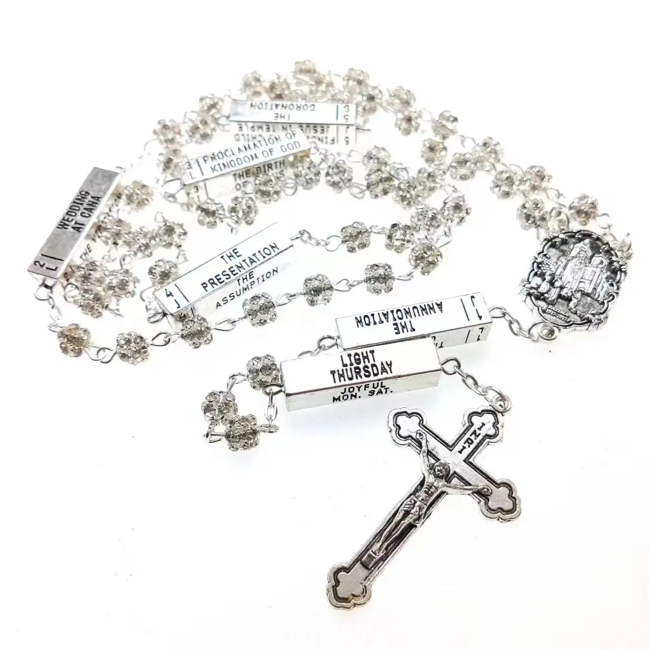 blingbling 6mm silver color crystal rhinestone beads five mysteries rosary religious catholic rosario