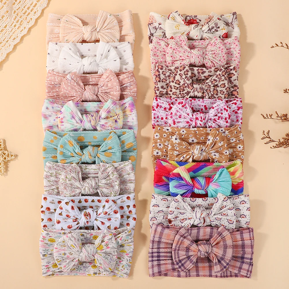 8PCS Random Color Baby Headband Girls Elastic Children Turban Baby Bows Soft Nylon Printing Kids Headwear Kids Accessories