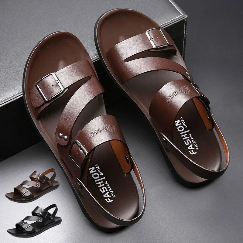 

Men Sandals Solid Color PU Leather Men Shoes Summer Comfortable Open Toe Leather Mens Sandals Beach Rome Zapatos Para Hombres