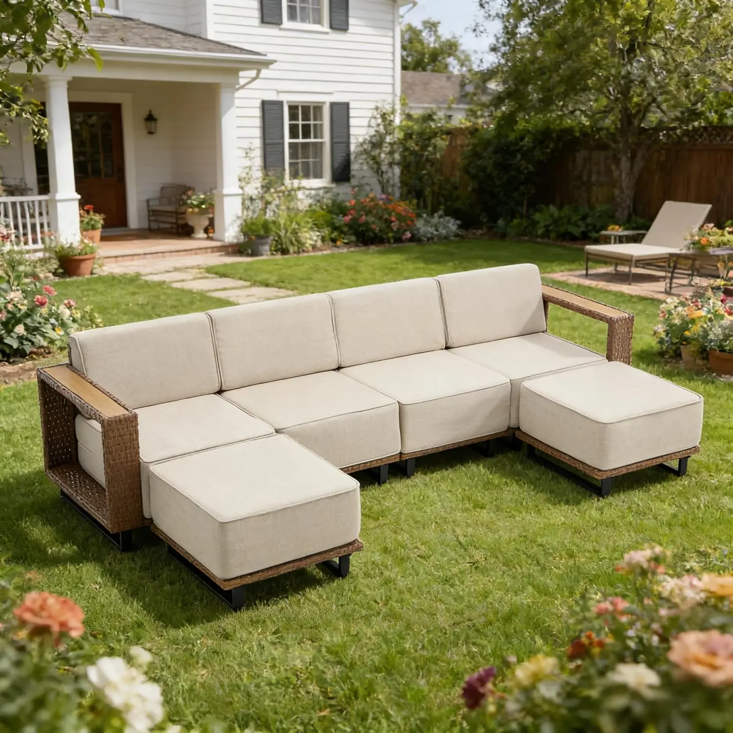 

6pc PE Rattan Sectional Sofa Set All-Weather Cushioned Poolside Porch Lawn Garden Balcony, Customized