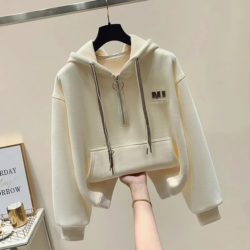 Autumn Winter New American Casual Hoodie With Loose Multi Functional Half Zipper Design Fashionable Top Women