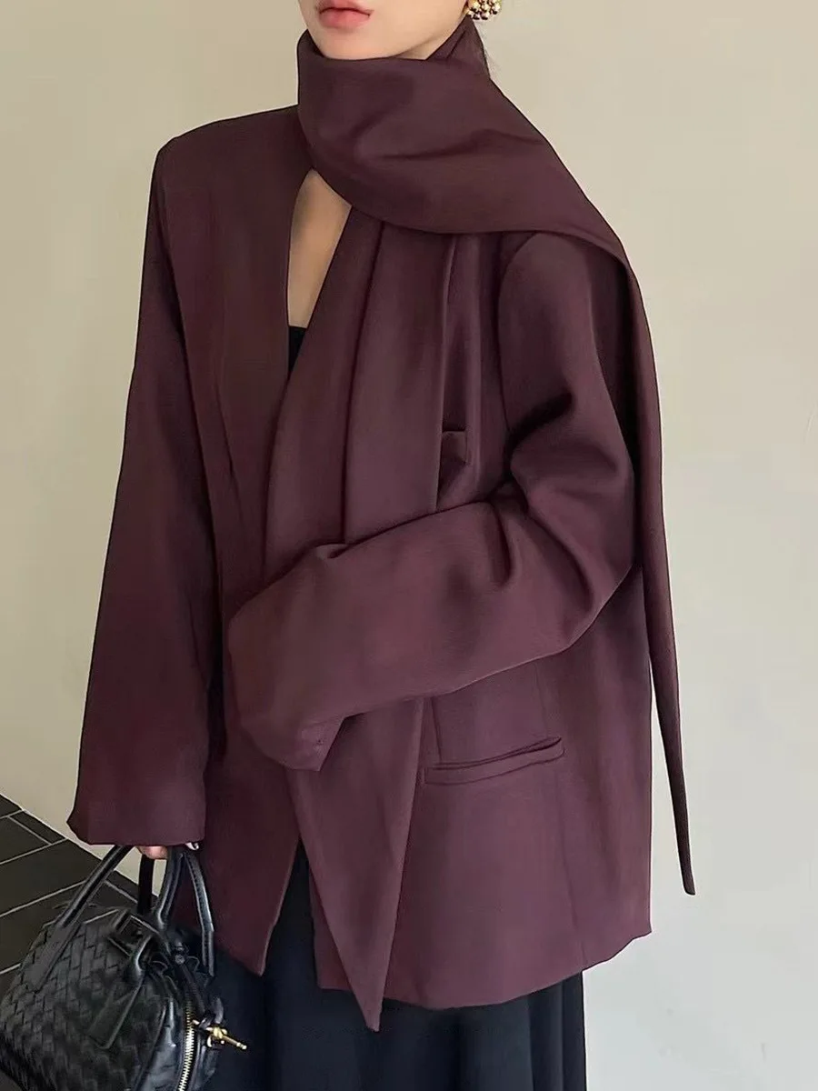 

SuperAen Women's 2025 New Scarf Collar Burgundy Fashion Jacket Coat