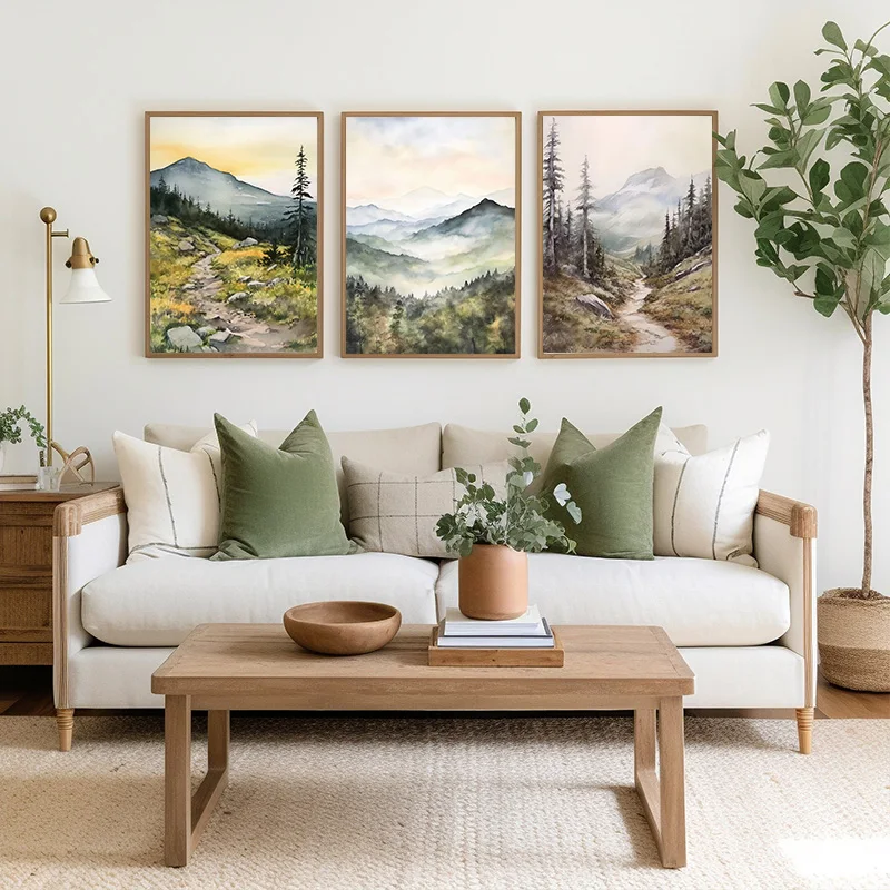1PC frameless decorative art print,Mountains Clouds Forests Fields Stones Impressionist Watercolor Landscape Poster Canvas Paint