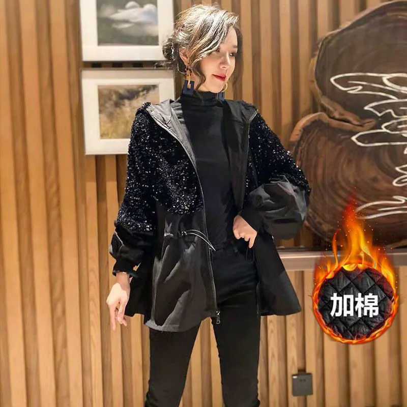 European Station Add Cotton coat Women Hong Kong Style Autumn Winter New Sequins Stitching Small Cotton Coat Slim Windbreaker