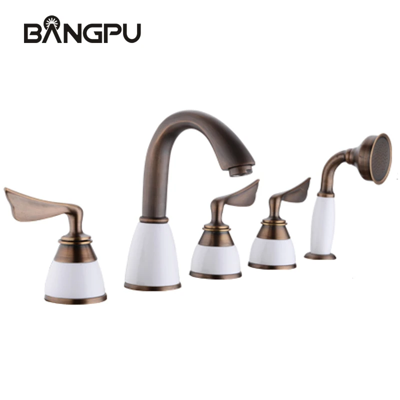 

Bathtub Faucet Set with Handheld Shower Deck Mount Bathroom Bath Tub Faucet Set 5 Hole Roman Tub Faucet with Hand Shower Antique