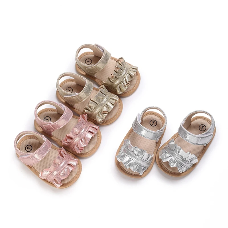 Baby Sandals Infant Girls Shoes Gold Silver Ruffled Design Princess Rubber Sole Non-slip Cute Toddler First Walkers 0-18 Months