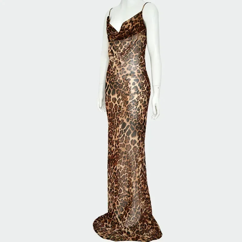 Oligai Sommer Leopard schiere Strand kleid sexy Maxi sehen durch rücken freie Schnür kleid elegante boden lange Urlaubs kleid Frauen