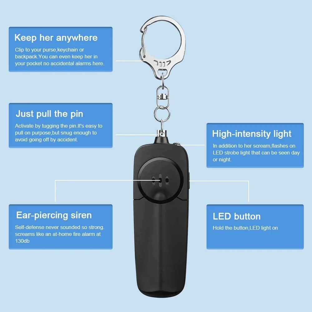 Lighter And Thinner Female Portable Alarm With Keychain Electronic Whistle,130dB Volume,Backpack Pendant LED Protective Lighting