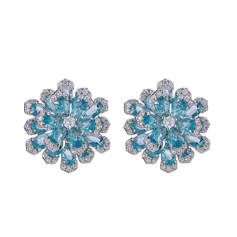 Luxury Rotatable Cubic Zirconia Blue Snowflake Stud Earrings S925 Sterling Silver Needle Jewelry Accessory for Women LYX264