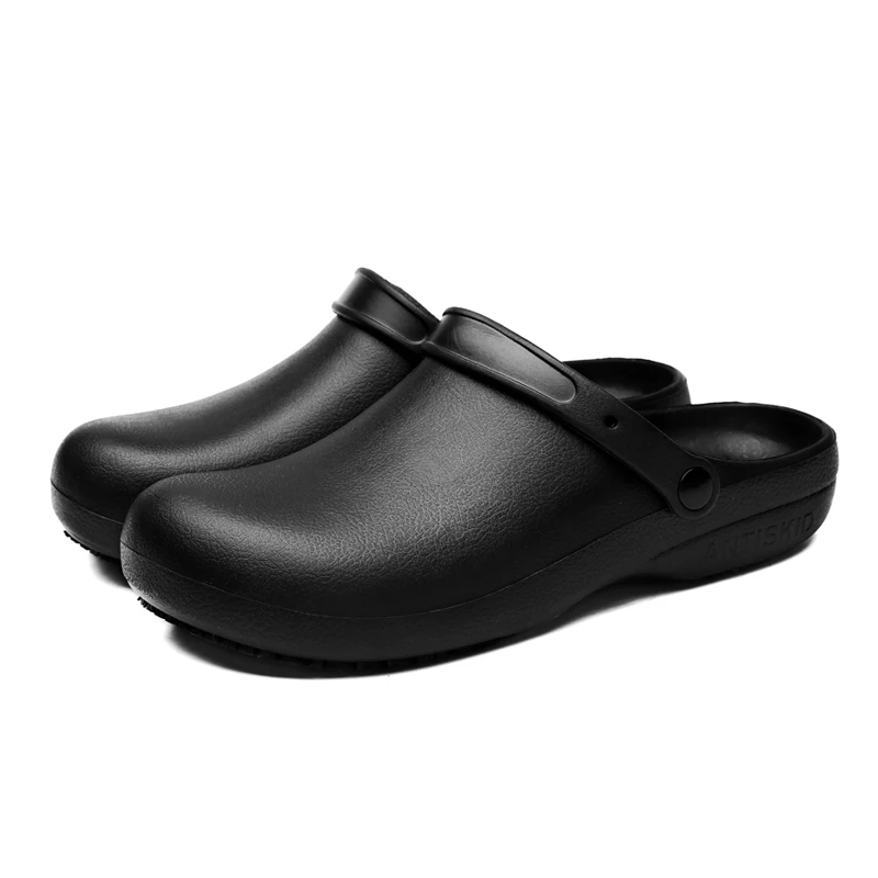 Pure Black Anti Skid Rubber Sandals Chef Shoes Kitchen Cook Waterproof Garden Shoes Clogs Without Holes Plus Big Size 47 48 49