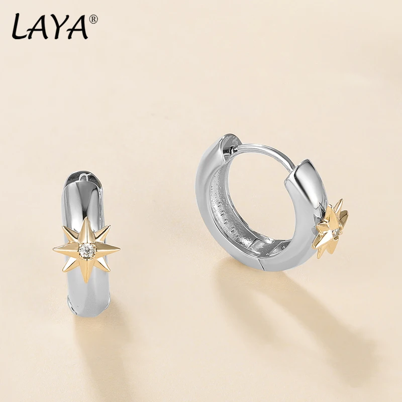 LAYA Round Thick Hoop Earrings Simple Eight-Pointed Star Brass Small Fashion Women Two Tone plated Ear Piercing Fashion Jewelry