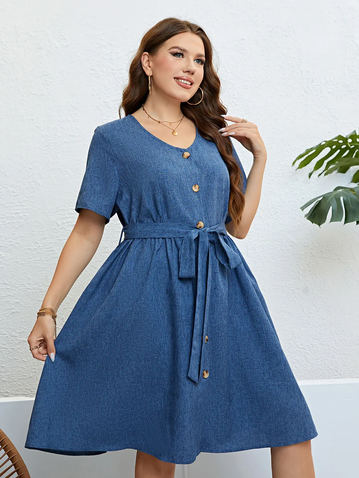 Plus Size V Neck Front Button Women Dress Drawstring Belt Robe Solid Color Gown A-Line Short Sleeves Dresses Casual Lady Cloth