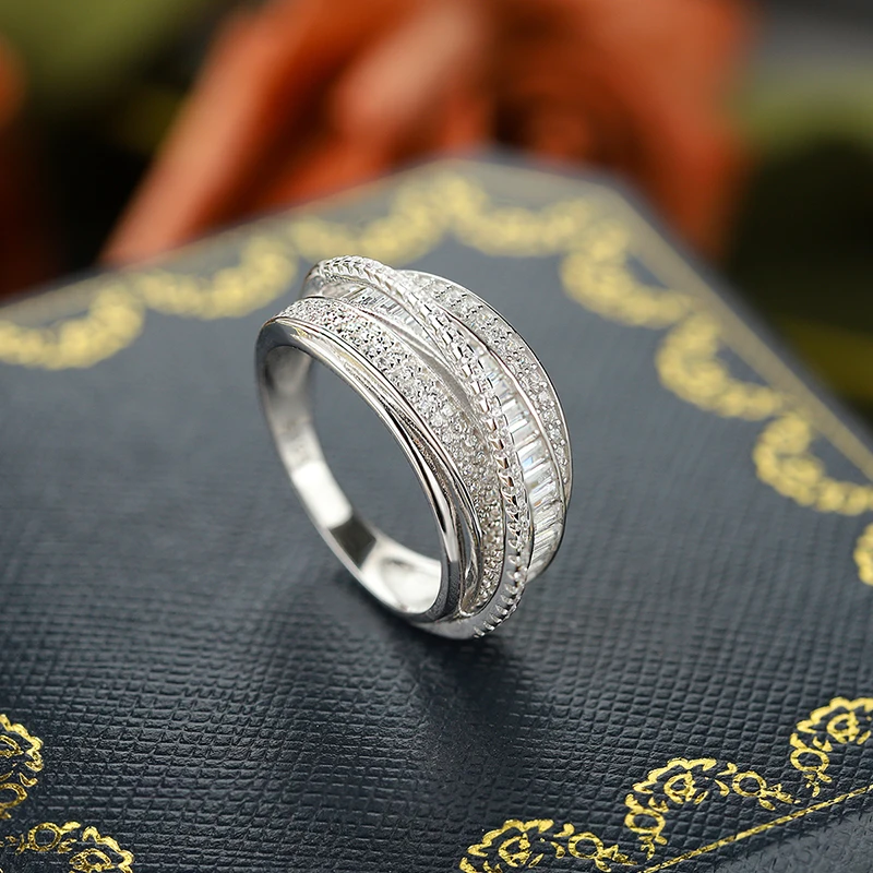 Simple and Fashionable Genuine S925 Silver Shiny Zircon Cross Line Ring Niche Design Temperament and High-end Sense