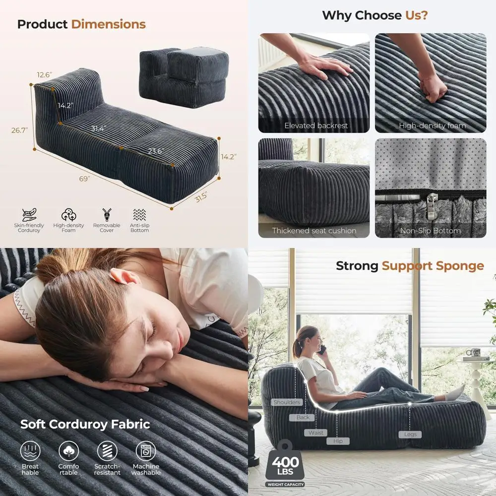 

Мягкое кресло-мешок из вельвета для взрослых, с оттоманкой, наполненное пеной с эффектом памяти, идеально подходит для гостиных, спален и балконов.