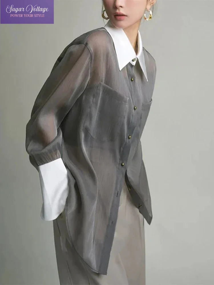 

French Luxury Vintage Sheer Chiffon Shirt Women Grey Loose Fit Long Sleeve Blouse Contrast Collar Gold Button Elegant Tops 2025