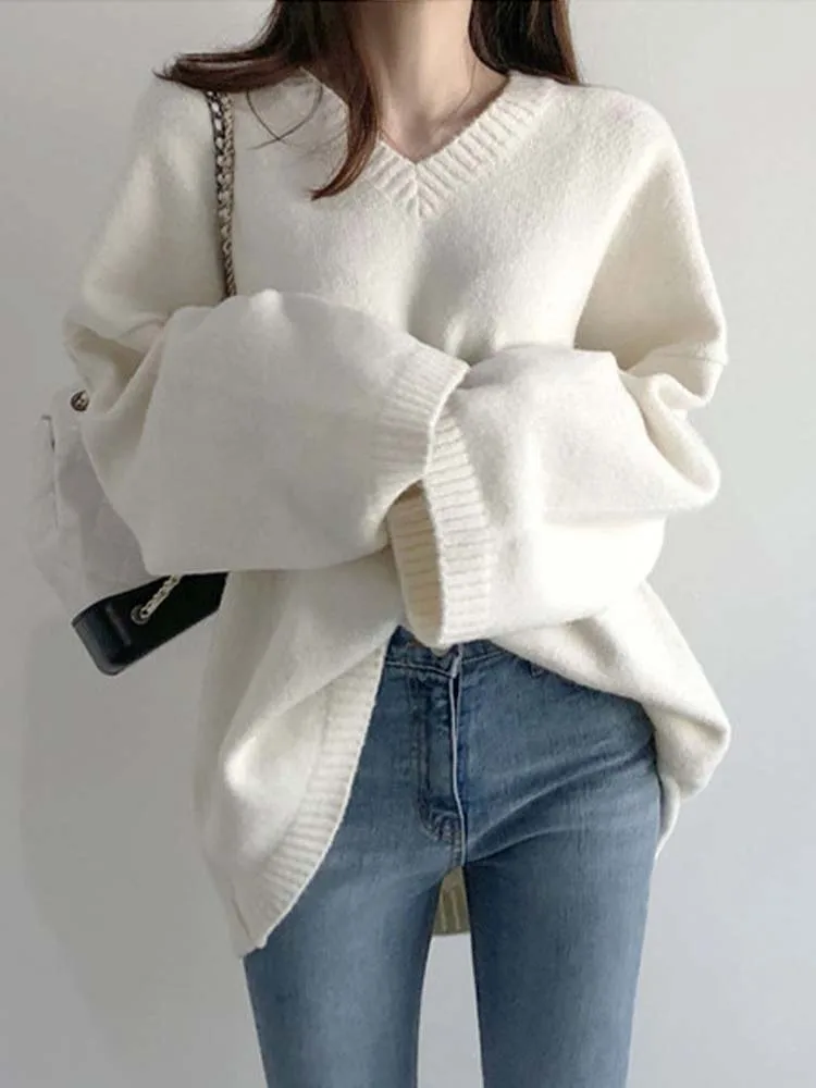 

Korean Fashion Sweater Women Autumn Winter Long Sleeve V Neck Knitted Pullovers Female Elegant Loose Solid Color Basic Knitwear