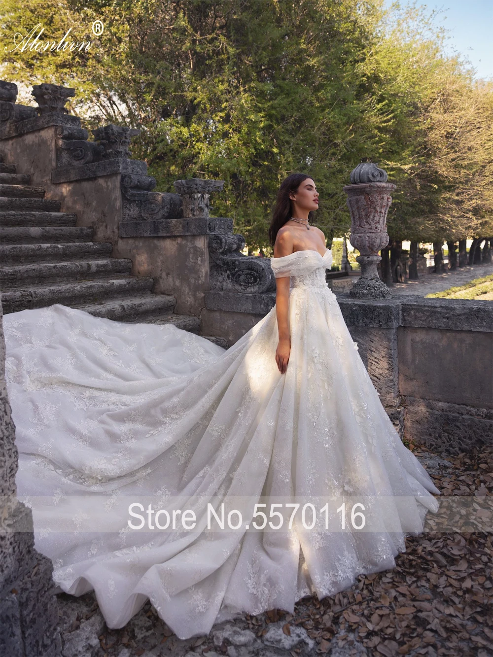 Alonlivn Elegance Off The Shoulder Sleeves Beading Pearls Lace Ball Gown Wedding  Dresses Appliques Princess Bridal Gowns