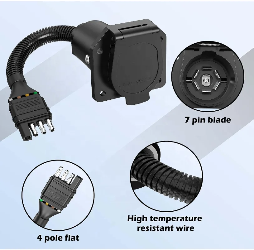 OEM 4Way Flat Plug to 7 Way Round Blade Socket Trailer Light Adapter Kit with Mounting Bracket