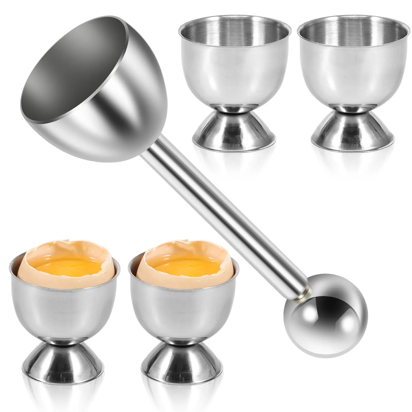 ​5Pcs Egg Cracker Topper Set Stainless Steel Egg Topper Cutter Portable Egg Topper Cutter Tool with 4 Egg Cups for Kitchens