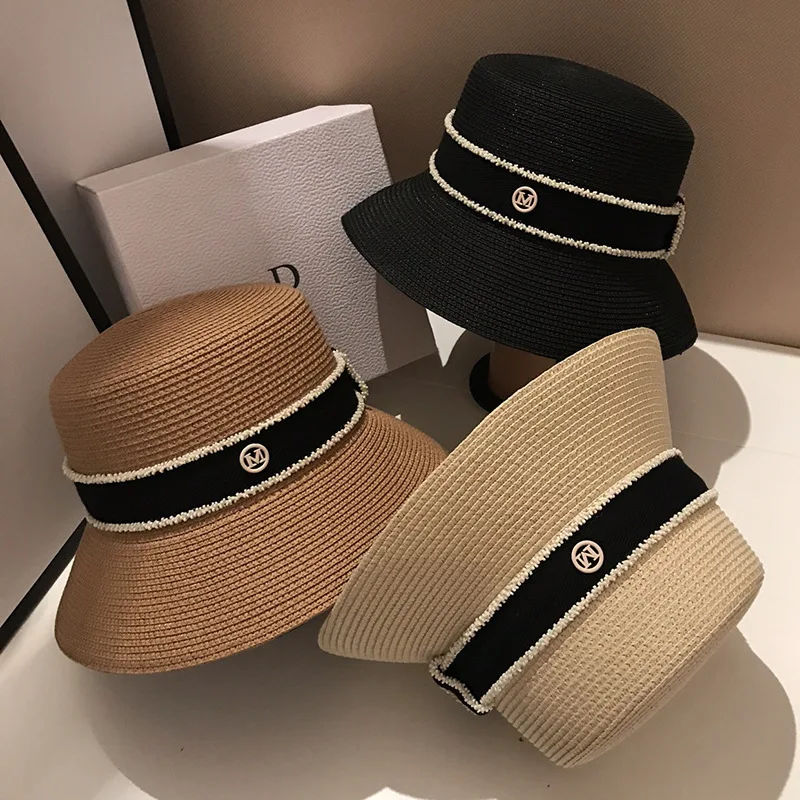 New Summer Straw Sun Hats for Women Ladies Fashion Flat Brim Ribbon Beach Hat Travel Cap Chapeau Femme Bucket Hat