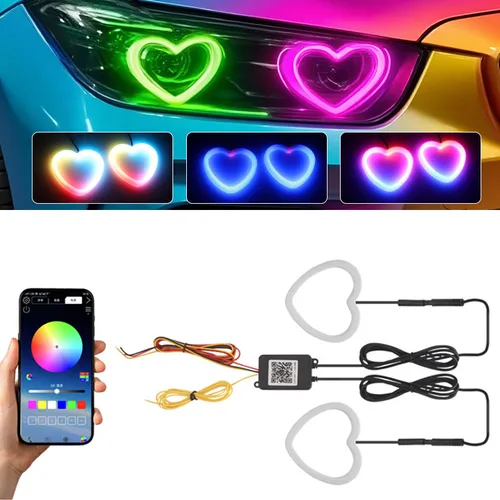 RGB Angel Eyes corazón Halo anillos luces con luces de señal de giro ámbar aplicación Bluetooth LED motocicleta Retrofit DRL faro 12V 24V