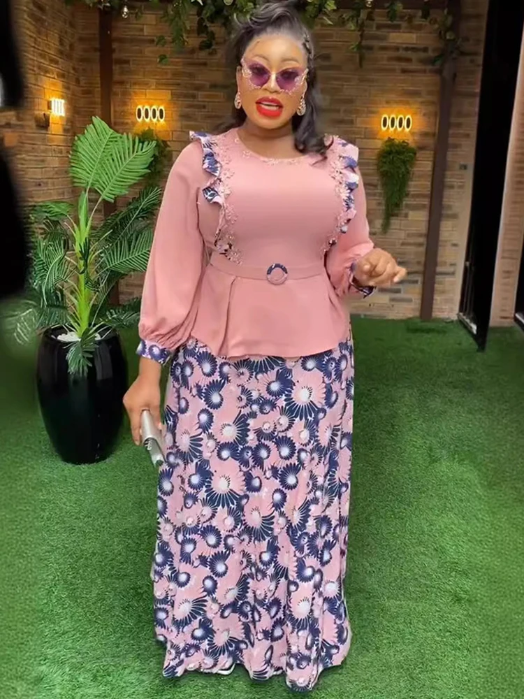 アフリカ服女性のためのシフォン 2 点セット長袖トップススカートスーツ Dashiki プリント衣装 2025 ウェディングパーティーイブニングドレス