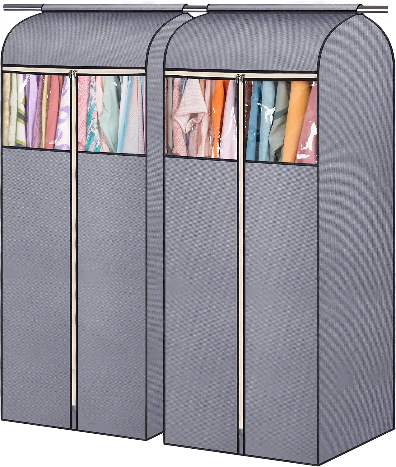

60' Hanging Garment Bags with Clear PVC Window for Closet Storage, 2 Packs, Grey